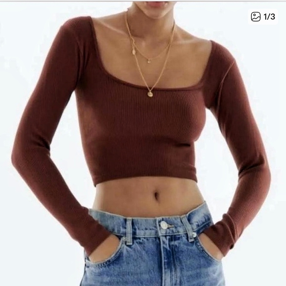 ZARA Brown Cropped 3/4 Sleeves Chocolate Brown Stretch Ribbed Knit Top| XS